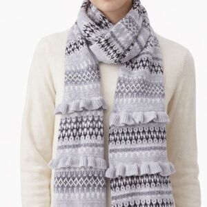 Talbots Gray Fair Isle Scarf with Ruffles Lambswool Blend Knit Classic Scarf